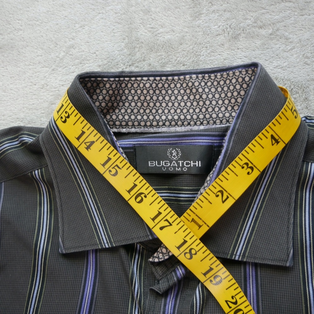 Bugatchi Uomo Men's Large Black Purple Striped Button Up Shirt Cotton - Picture 8 of 13